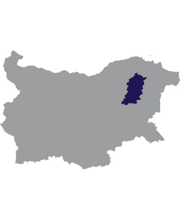 Landkaart Bulgarije grijs met oblast Sjoemen donkerblauw op transparante achtergrond - 600 * 733 pixels